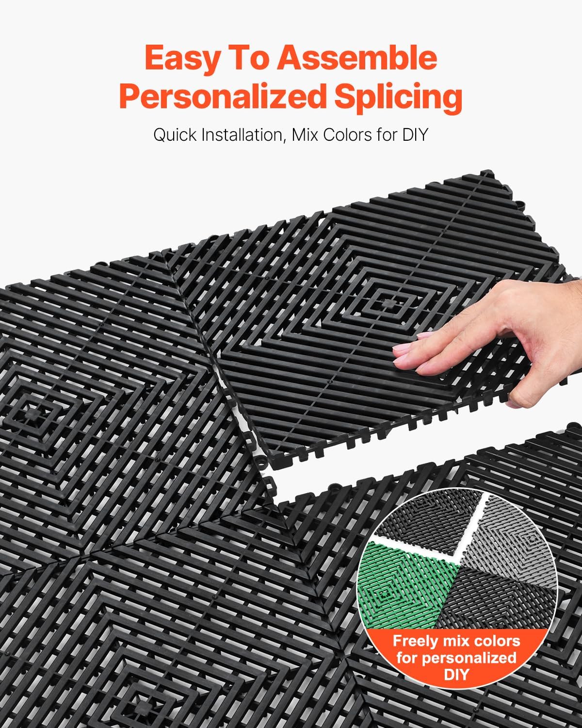 VEVOR Interlocking Drainage Mat, 12” x 12” Modular Interlocking Cushion, 12 Pcs Splicing Drainage Mats, Non-Slip Black PP Drainage Floor Tile and Shower Mat, for Garage, Garden, Kitchen & Outdoor