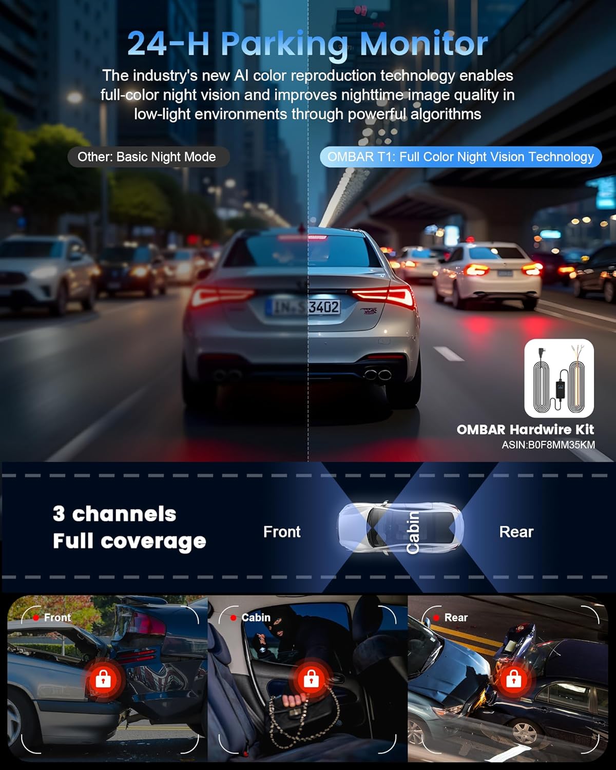 OMBAR T1 4K 3 Channel Dash Cam, STARVIS 2 IMX678 Sensors, Free 128GB Card, 2025 New Full Color HDR Night Vision, 4K+1080P+1080P Triple Car Camera,5G WiFi, 24H Parking Mode, Support 512GB Max