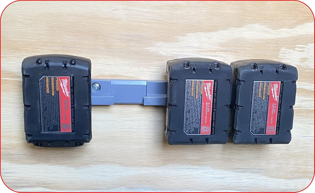 Milwaukee M18 Battery Holder | 4x 18V Battery Storage | Wall Mount | Grey ABS | 0.75 x 1.5 x 12" | Heat Resistant | USA