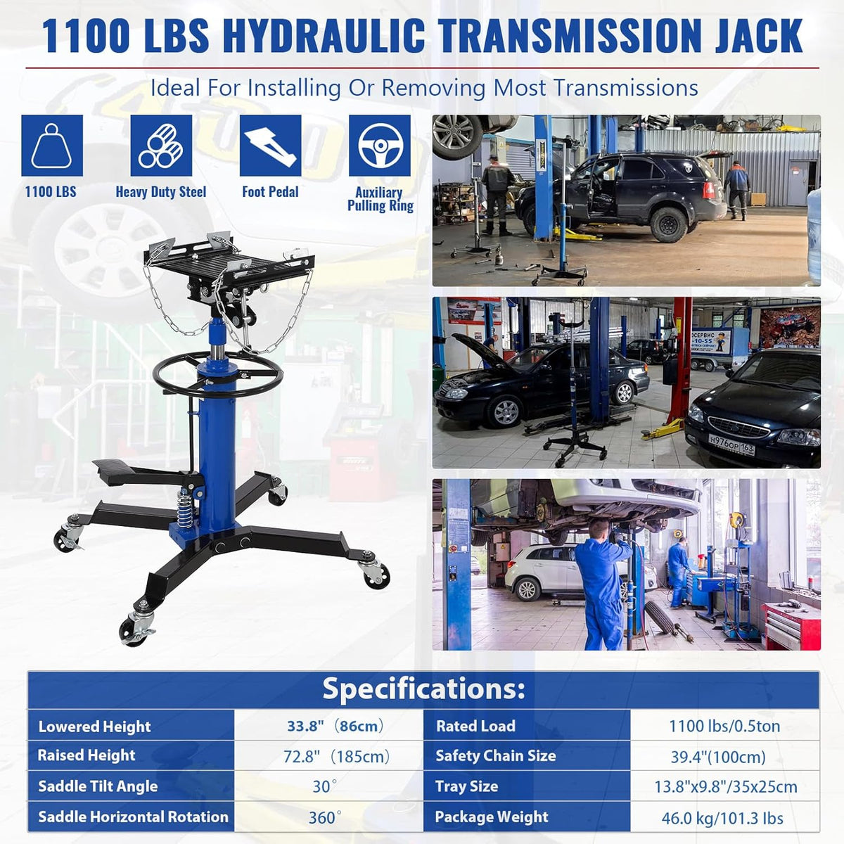 Hydraulic Transmission Jack 1100 LBS Capacity 33.8"-72.8" Lifting Height 2 Stage Hydraulic Telescoping Jack, Trans Jack Stand Heavy Duty with Foot Pedal and 360° Swivel Wheel, Blue