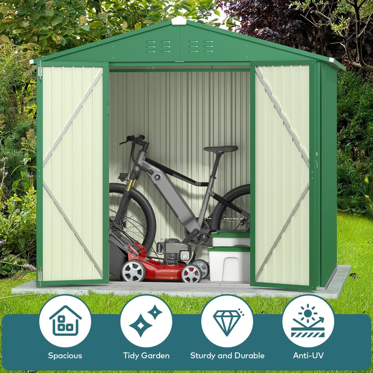 Gizoon Outdoor Storage Shed 8 x 6 FT, Galvanized Metal Garden Shed with Double Lockable Doors, Outdoor Storage Clearance for Backyard Patio Lawn-Green