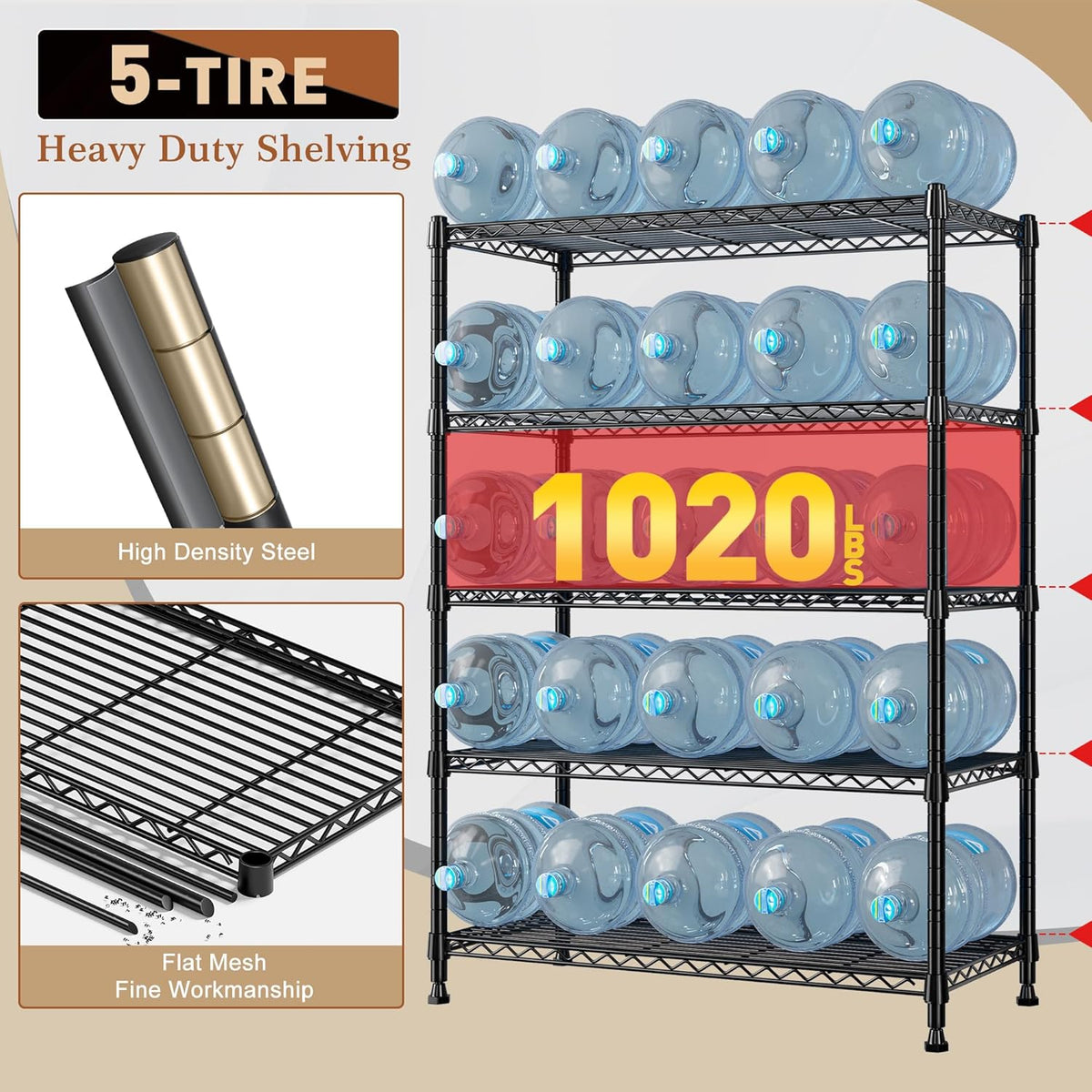 REIBII 5-Tier Wire Shelving Rack Storage Shelves Metal Shelves,1020 LBS Adjustable Heavy Duty Metal Shelving Units and Storage for Garage Pantry Bathroom 29" W X 14" D X 63" H