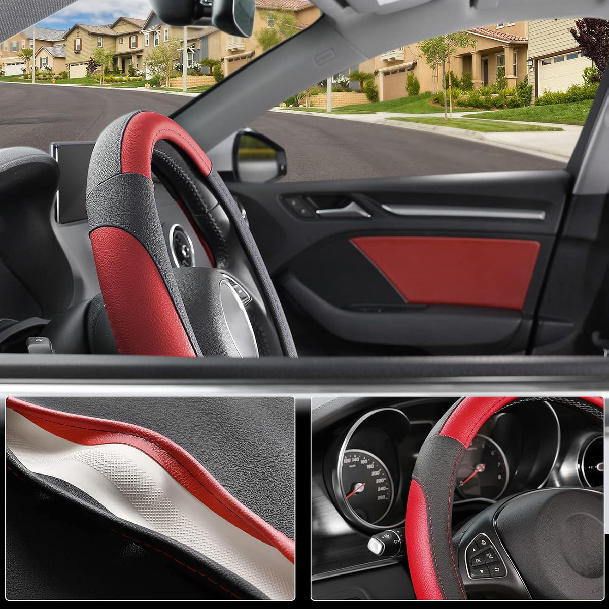 SEG Direct Car Steering Wheel Cover for Prius Civic Model 3 Model Y Camaro, Small Size 14-14.25 inch, Black and Red Microfiber Leather