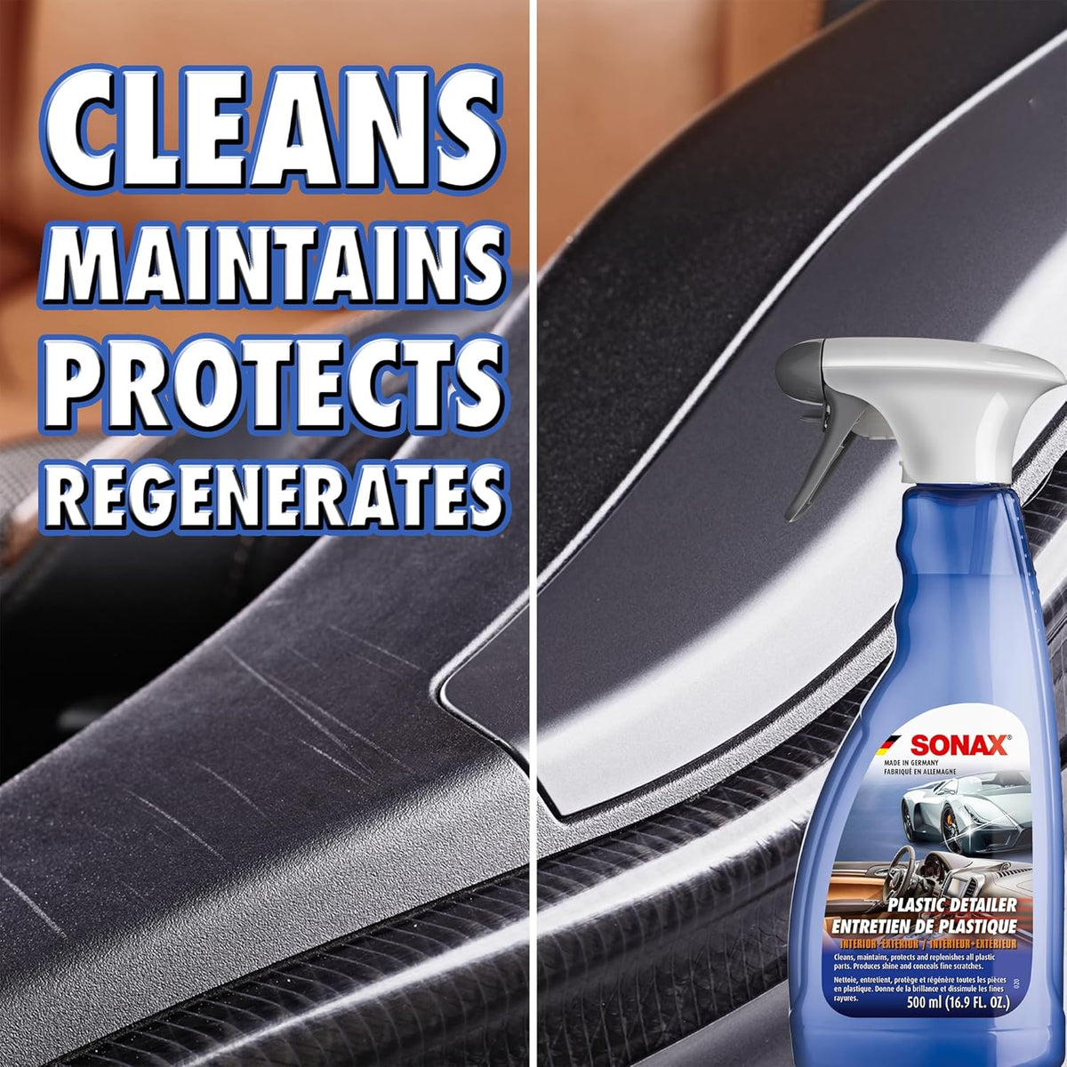 SONAX Plastic Detailer 255241 | Spray-On Protection for Interior & Exterior Plastic Surfaces | Cleans, Restores, and Protects | No Wiping or Rubbing Required | 500ml