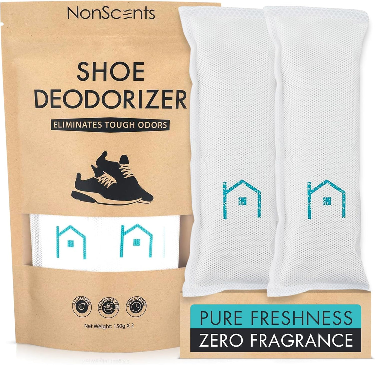 NonScents Shoe Deodorizer 1-Pack (2 Count) - Odor Eliminator, Air Freshener, Smell Absorber, Scent Remover for Shoes, Gym Bags, Soccer Cleats, Closets, Pet Area, Reusable - Shoe Deodorant
