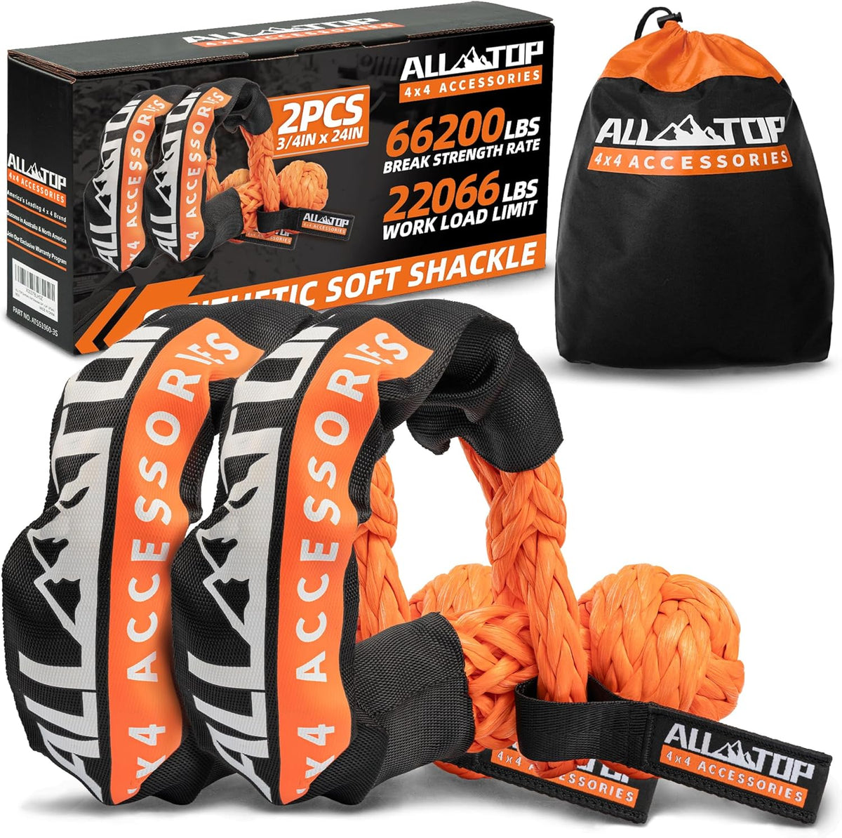 ALL-TOP Synthetic Soft Shackle Rope 3/4in x 24in (66200Lbs Max Break) UHMWPE Recovery Tow Shackles for Offroad 4x4 Vehicles, 2 PCS