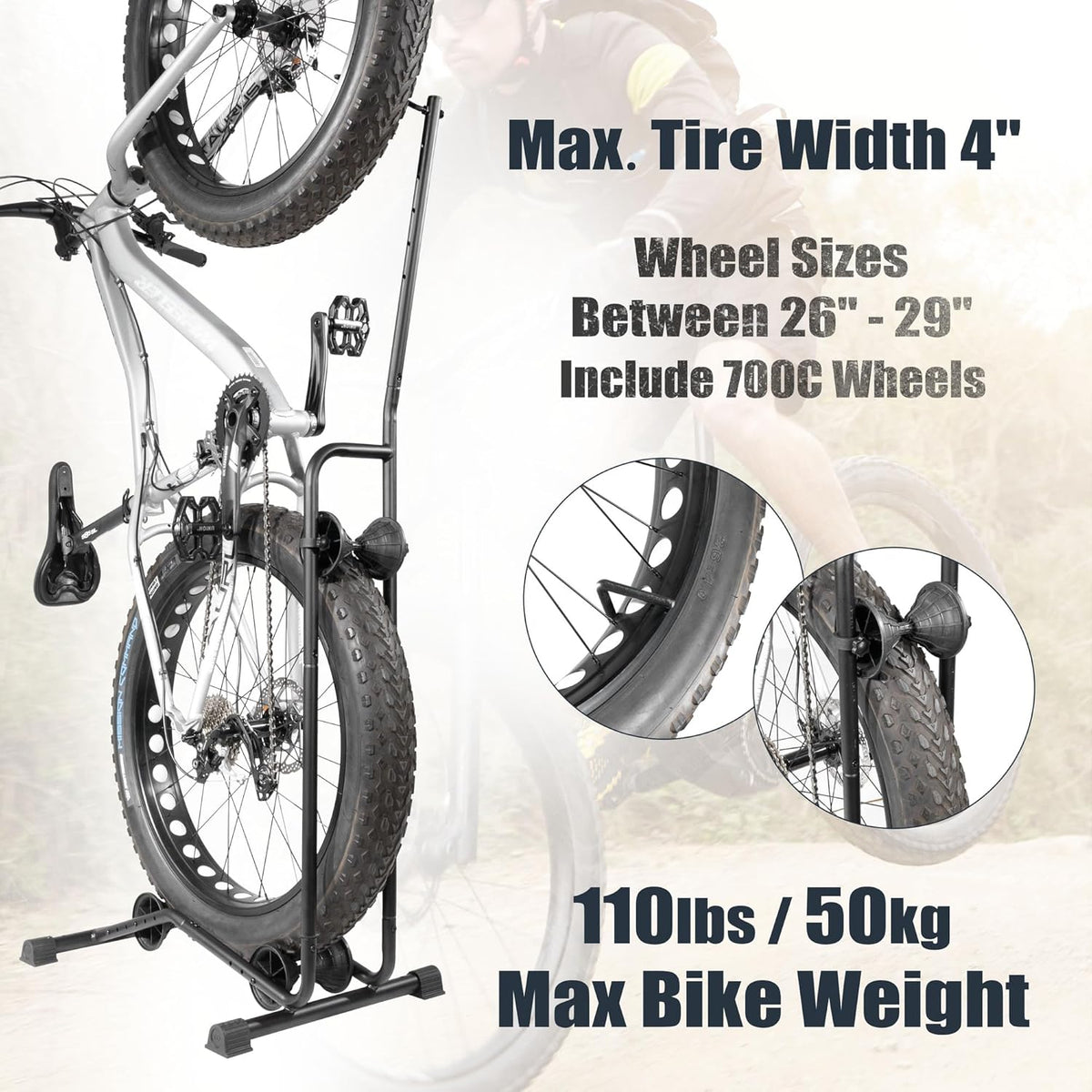 CyclingDeal Upright E Bike Fat Tire Bike Stand - Vertical & Horizontal Bike Rack Bicycle Storage Stand - Vertical E Bike Rack Garage - Fat Tire Bike Storage Rack - Holds Bikes up to 110 lbs