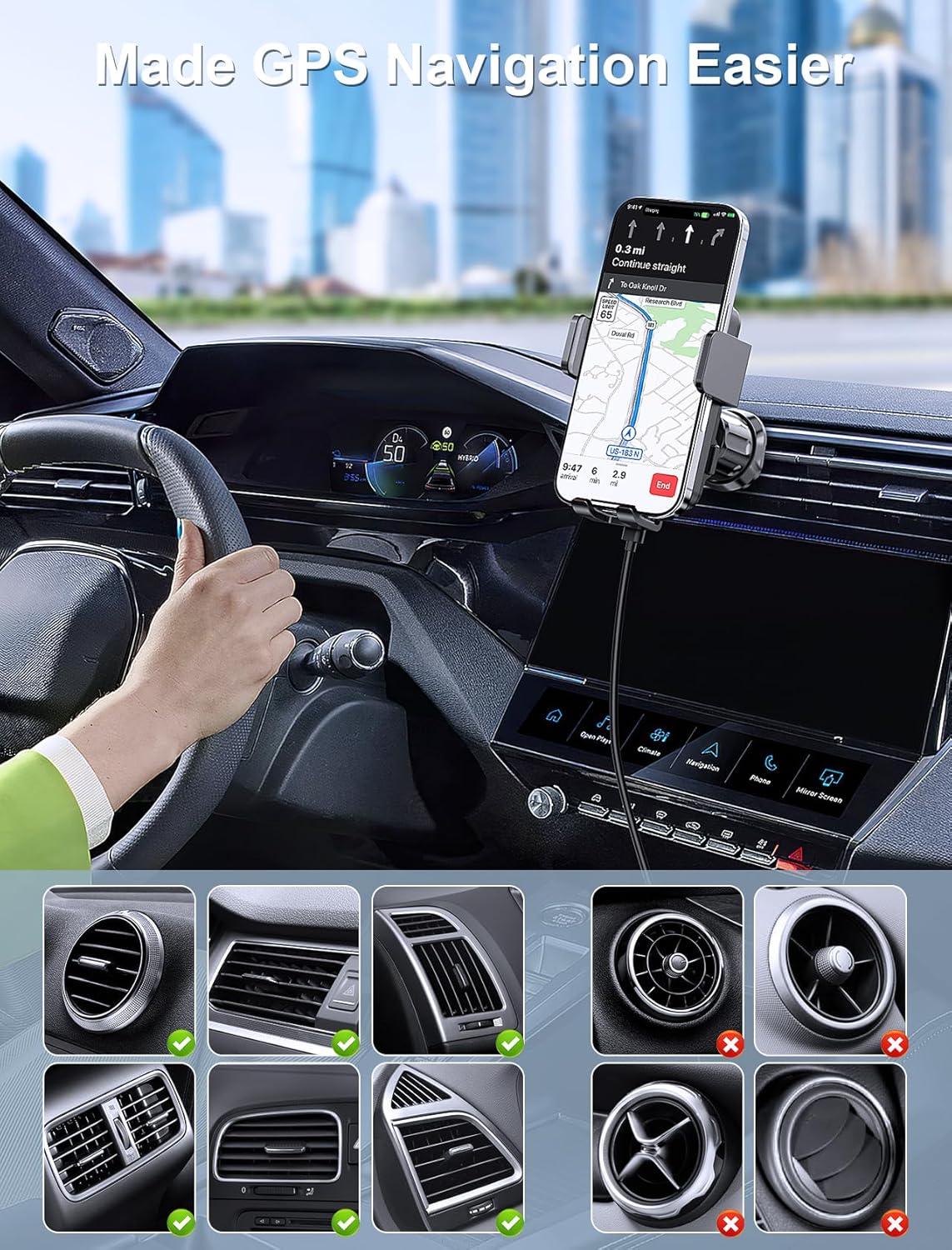 Wireless Car Charger, MOKPR 15W Fast Charging Auto Clamping Air Vent Car Phone Holder with LED Light Car Charger for iPhone 16 15/14/13/12 Pro Max Plus, Samsung S23/S22/S21,etc