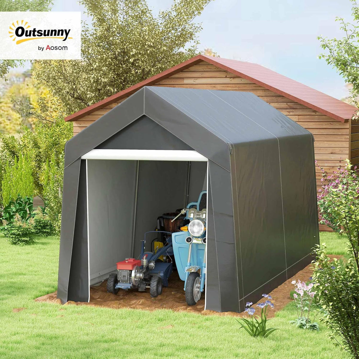 Outsunny 7' x 12' Portable Storage Shed Shelter, Heavy Duty Outdoor Shed, Waterproof Garden Storage Tent with Ventilation Window and Roll-up Zipper Door for Bike, Motorcycle, Garden Tools, Gray