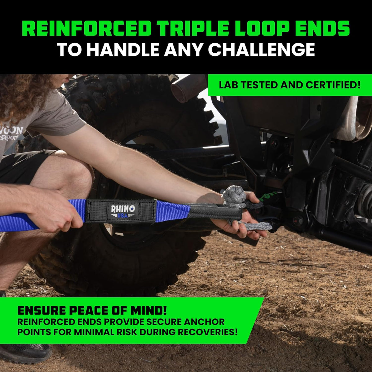 Rhino USA Recovery Tow Strap (2"x20')- 20024lb Break Strength- Emergency Recovery Strap Tow Rope for UTV, ATV & More- Heavy Duty Towing Strap for Offroad 4x4 Use- Compatible with RZR and Can-Am (Blue)