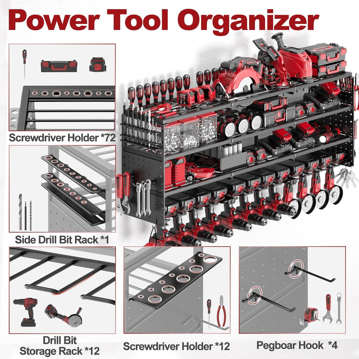 52" W Large Power Tool Organizer Wall Mount -12 Drill Holder for Garage,4 Layer Heavy Duty Power Tool Rack,Tool Organizer Storage for Workshop Garage Basement,Gifts for Men Dad Husband