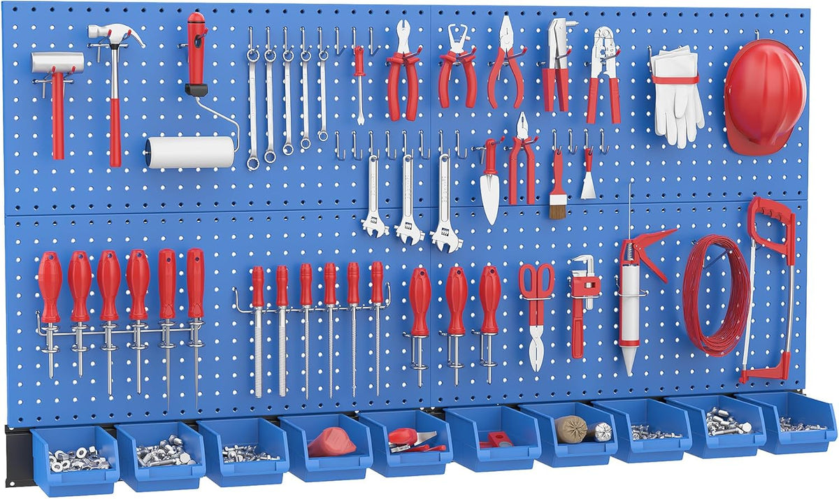 Ultrawall Pegboard Wall Organizer, Blue Metal Peg Board Panels, Garage Storage System with Hooks and Storage Bins, 59pcs