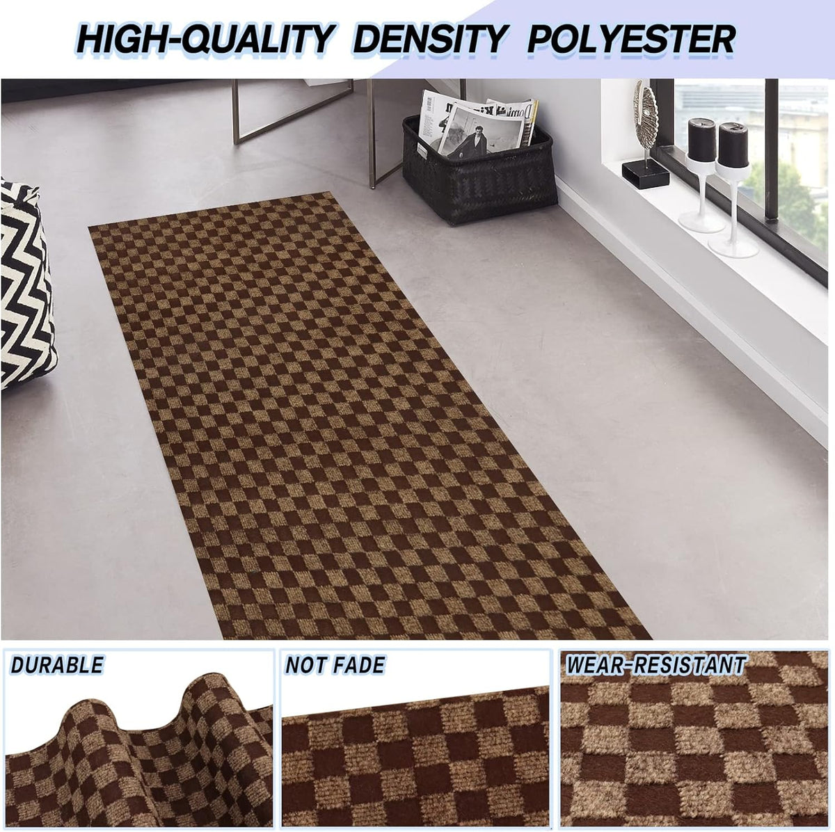 Custom Size Backed Non-Slip Area Rugs Runner, Easy Clean, Waterproof Runner Rugs for Hallway Entryway, Kitchen, Laundry, 4FT x 66FT, Brown Checkered