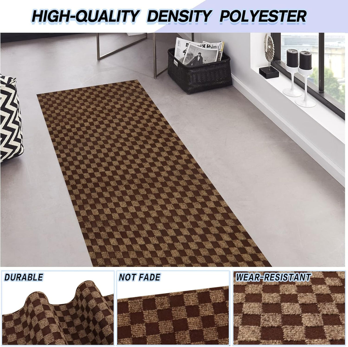 Custom Size Backed Non-Slip Area Rugs Runner, Easy Clean, Waterproof Runner Rugs for Hallway Entryway, Kitchen, Laundry, 2FT x 66FT, Brown Checkered