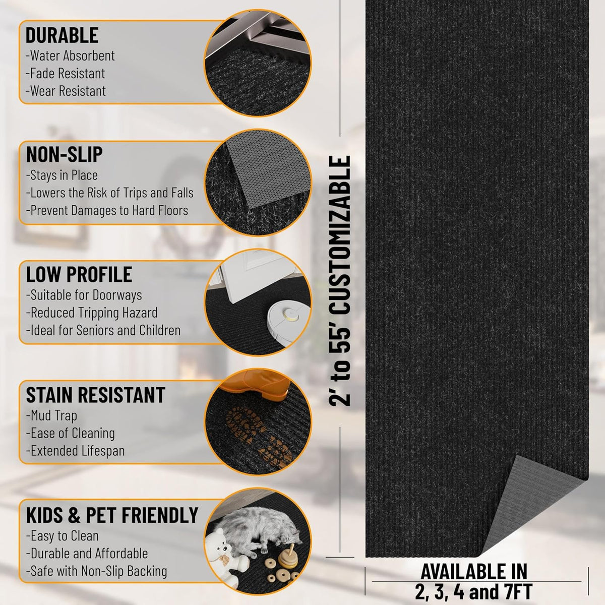 Ottomanson 6'6" x 21' Hallway Runner with Scraper Pile - Extra Durable Non-Slip Rug Mat for Indoor & Outdoor Use - Ideal for Kitchen, Entryway & Garage - High-Traffic Carpet, Black