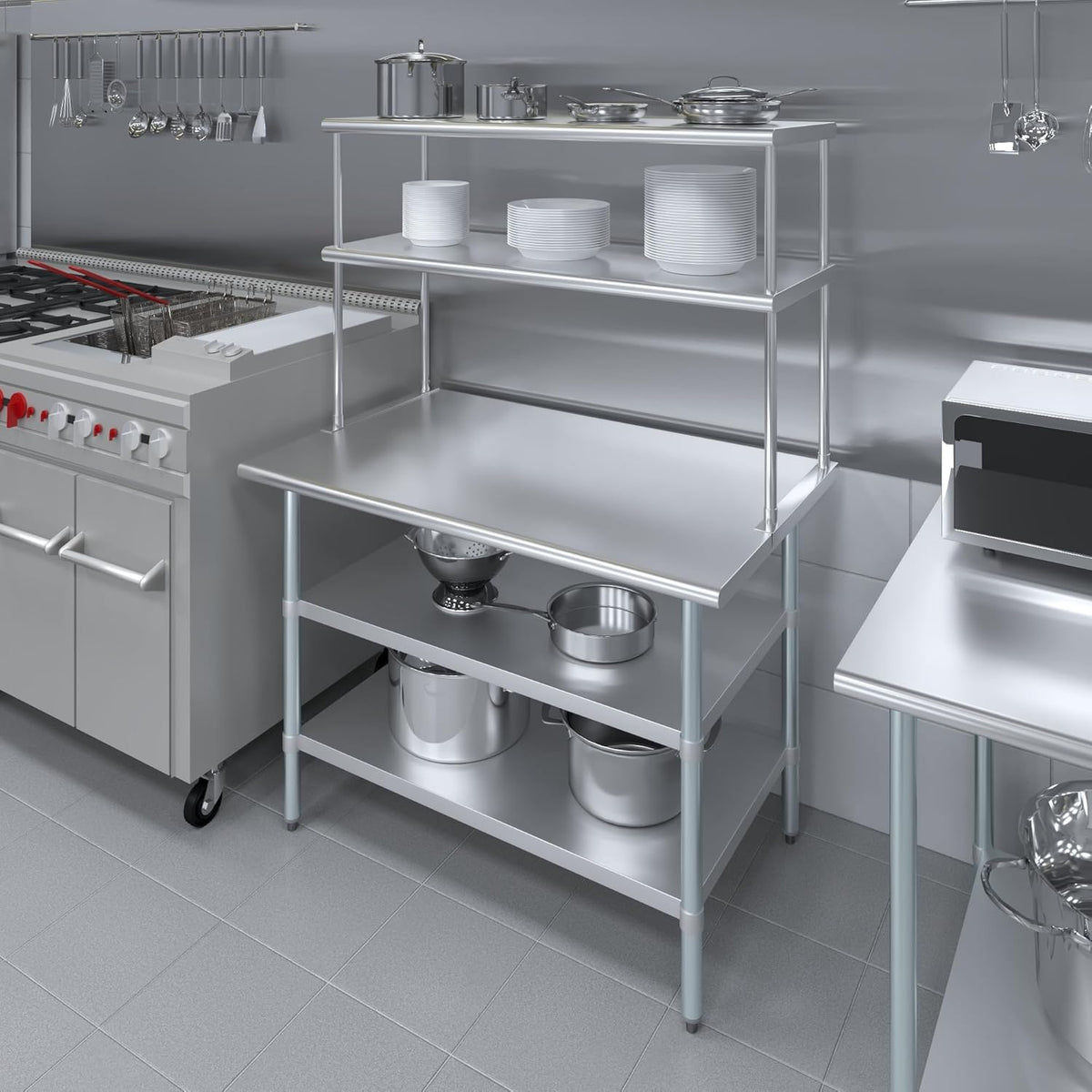 Amgood Stainless Steel Work Table with 2 Shelves | Metal Kitchen Prep Table & Shelving Combo (30" x 48" Table with 2 Shelves + 18" Overshelf)