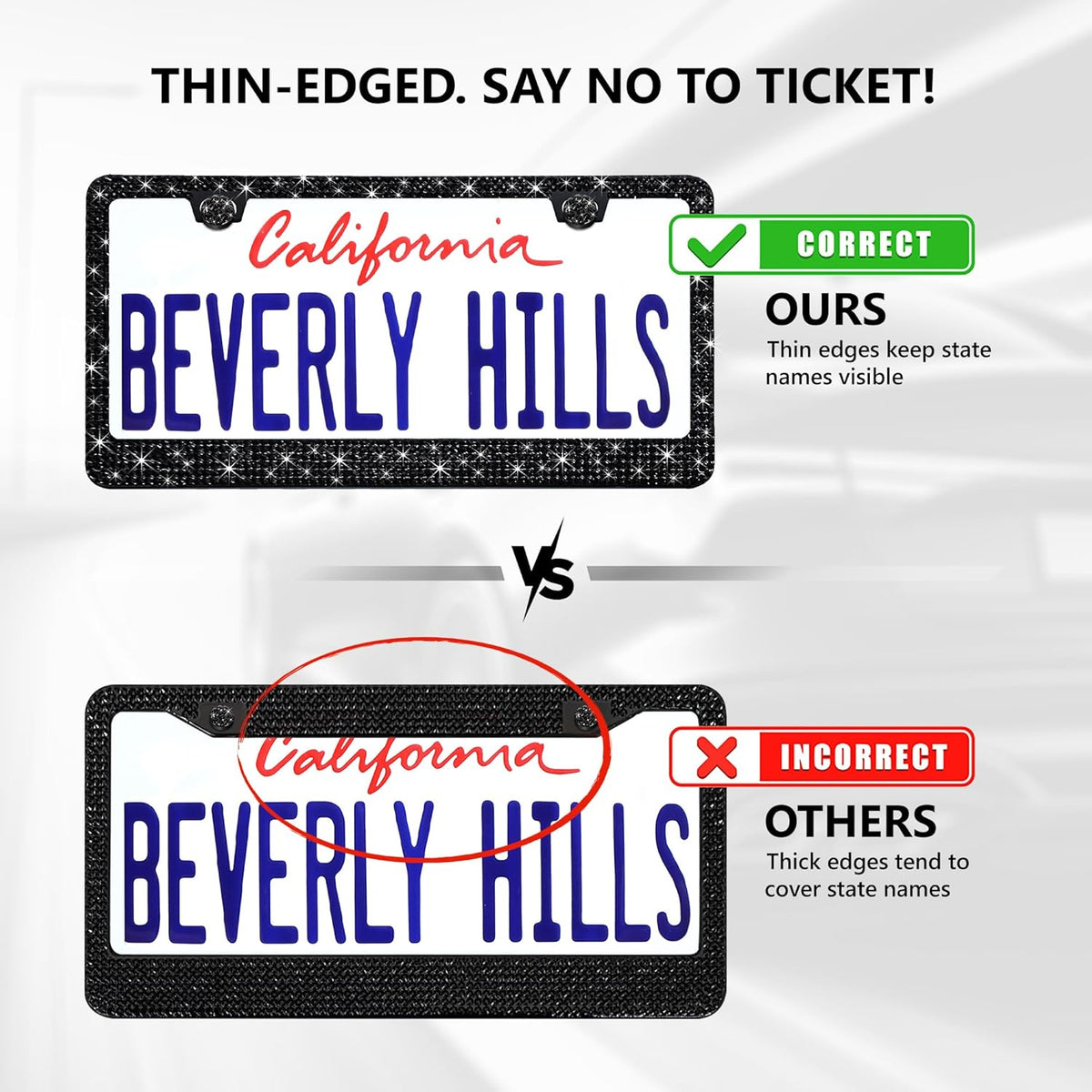 2 Pack Black Bling License Plate Frames for Women - Stainless Steel with Diamond Sparkly Rhinestone License Plate Holders - Perfect Birthday for Auto Lovers