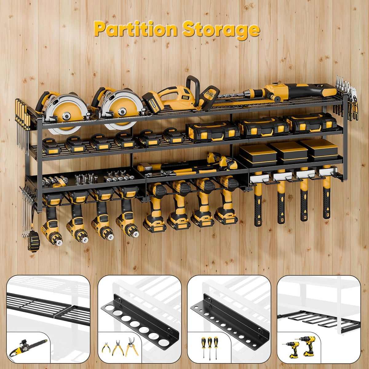 49" W Large Power Tool Organizer Wall Mount Loads 600 lbs, Heavy Duty 4-Tier 12 Drills Holder, Cordless Tool Storage Battery Shelf, Utility Racks for Garage Workshop Shed, Gifts for Men Husband