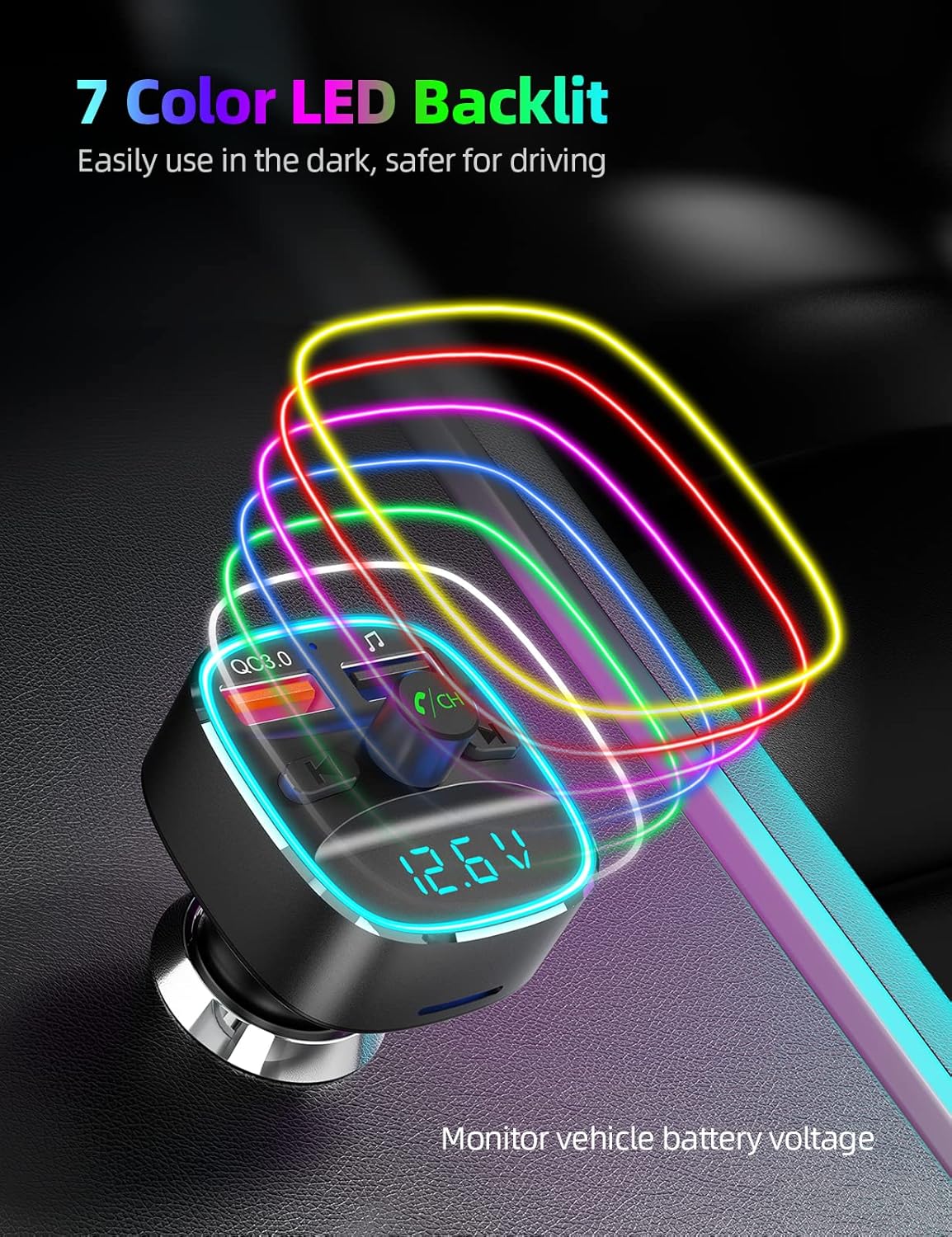 Nulaxy Bluetooth FM Transmitter, Bluetooth Car Adapter with Dual USB Charger Wireless Radio Car Kit MP3 Player Support TF Card & USB Disk, Hands-Free Calling, 7 Colors Led Backlit Light, Black