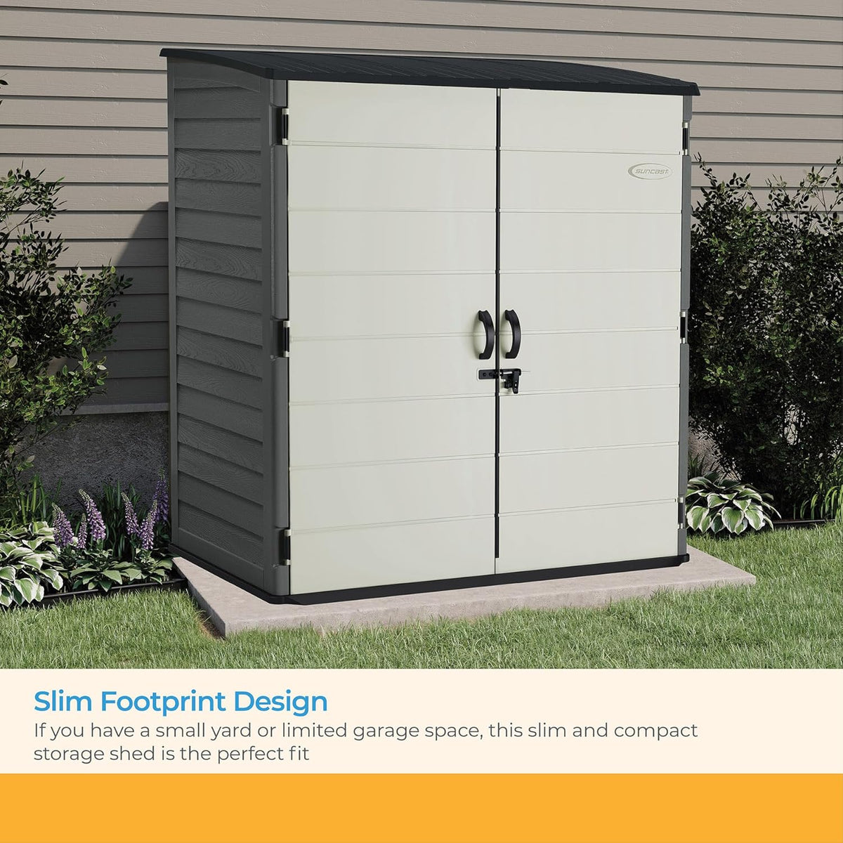 Suncast Extra-Large Vertical Storage Shed for Yard Storage, All-Weather Outdoor Storage Shed with 2 Lockable Doors, 70.5" W x 44.25" D x 77.5" H, Peppercorn, Made in The USA