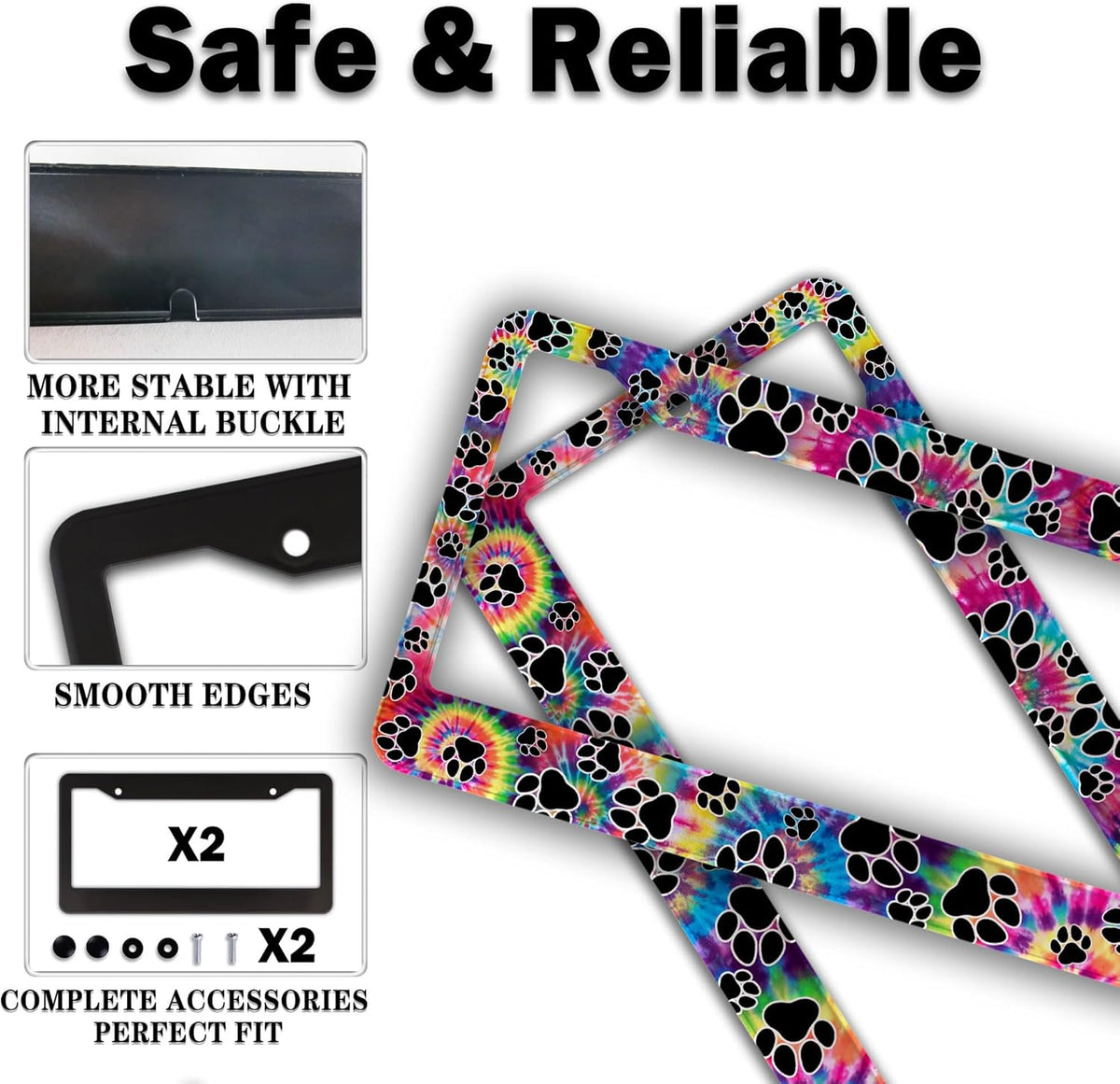 License Plate Cover for Men Multicolor License Plate Frames for Women Tie Dye Paw Print Aluminum Metal Car Accessory 2 Pack with Screw Covers Set