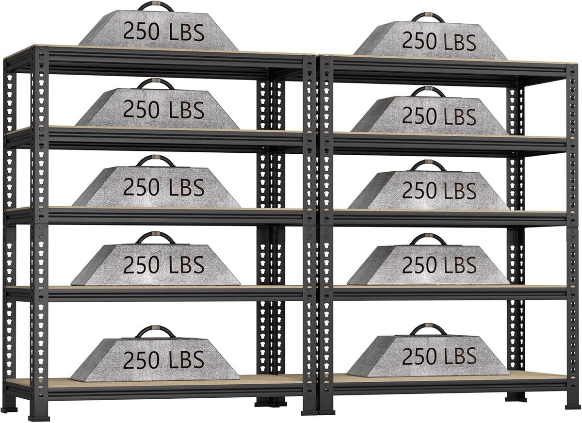 5-Shelf Heavy Duty Shelving - Adjustable Garage Storage Shelves, Metal Utility Storage Racks for Warehouse Pantry Basement Kitchen, Garage Organizers Shef Unit, Black, Packs of 2