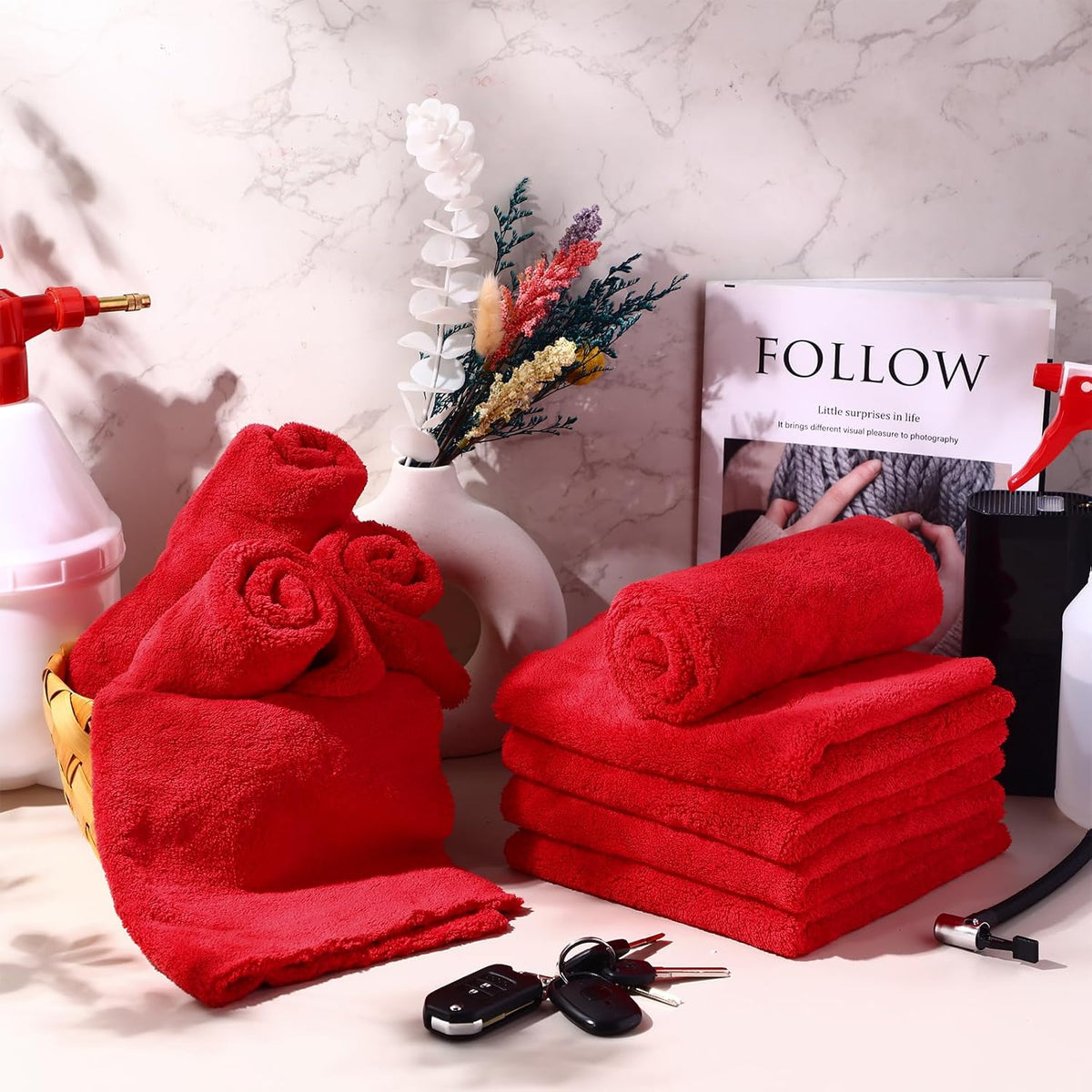Shimeyao 30 Pcs Edgeless Microfiber Plush Towels for Cars Detailing Drying Wash Polishing Absorbent Cleaning Cloths, 500 GSM, 16 x 16 Inch(Red)