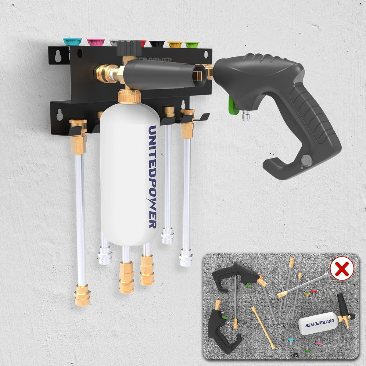 UNITEDPOWER Pressure Washer Gun Holder，Wall Mount Foam Cannon Holder，Tool Storage Rack for Pressure Washer Wand/Nozzle Tips, Car Wash Accessories Organizer, Black