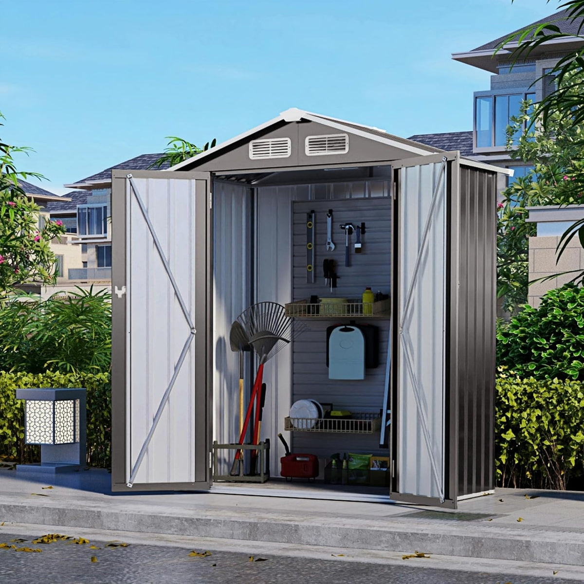5x3x6FT Outdoor Storage Shed, Galvanized Steel Garden Shed with Lockable Door & Window, Waterproof Metal Tool Storage for Garden, Backyard, Patio, Lawn(Peak Roof)