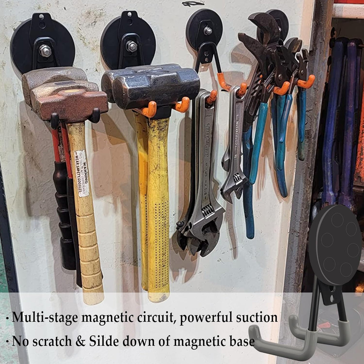 ULIBERMAGNET Heavy Duty Magnetic Hooks,Strong Large Magnet Hooks for Power Drill,Garden Tools, Hose,Pegboard,Garage,Workshop,4 Pack Magnetic Storage Hooks for Indoor Outdoor Hanging(Gray)