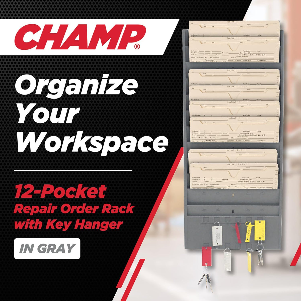 CHAMP® Repair Order Rack with Key Hanger, Heavy-Duty 12-Pocket Alloy Steel Wall Mount Organizer with 12 Key Hangers, Ideal for Auto Workshops and Garages - Gray