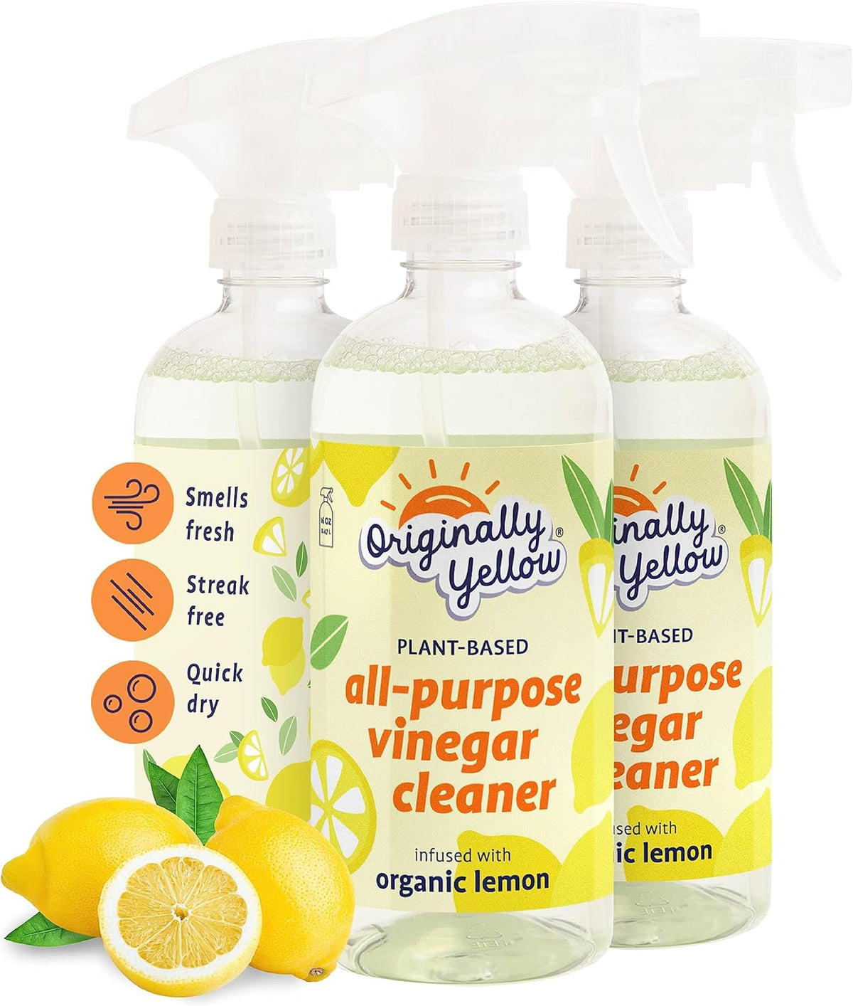 Originally Yellow Lemon Vinegar All Purpose Cleaning Spray | Distilled Cleaning Vinegar For Every Room In the House | Plant-Derived All Purpose Cleaner | Living Room, Bathroom, & Kitchen | 3 Pack