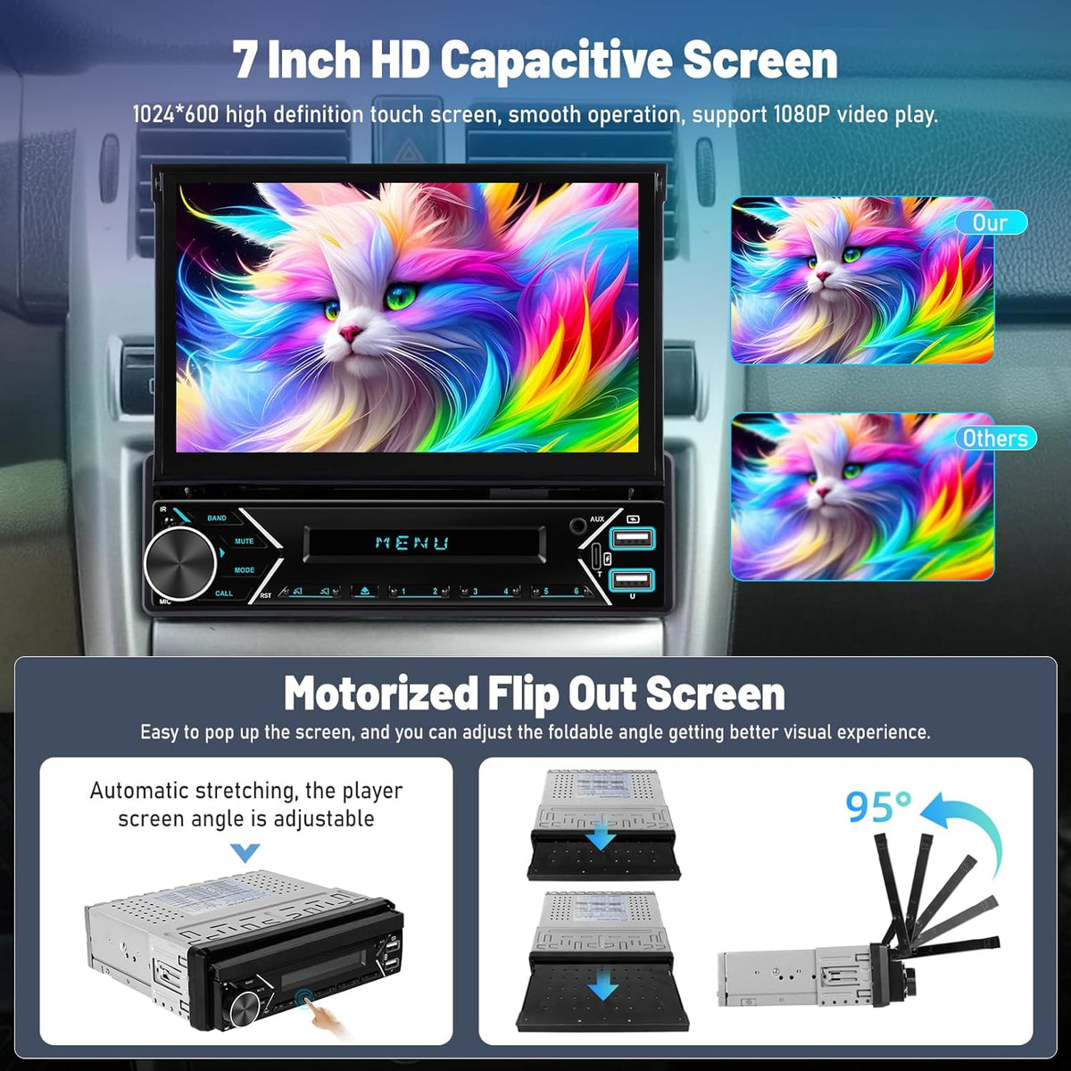 Single Din Car Stereo with Wireless Carplay and Android Auto - 7 Inch Automatic Flip Out Touchscreen Car Radio - Bluetooth/Mirror Link/SWC/FM + 12leds Backup Camera