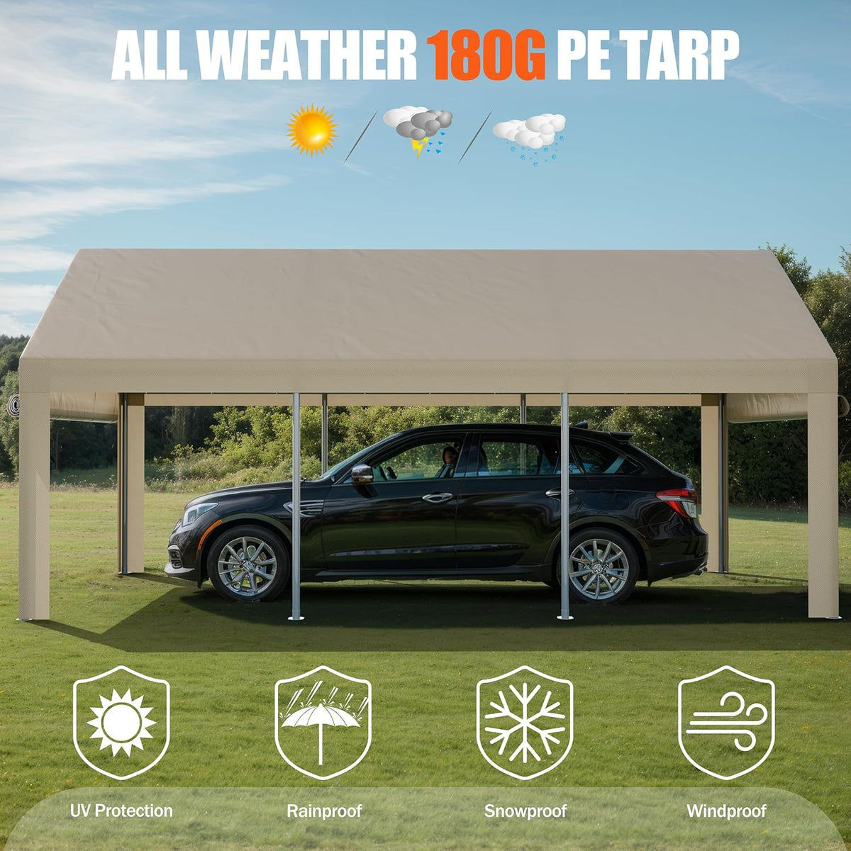JAMFLY Carport, 10x20 ft Heavy Duty Carport with Roll-up Windows, Portable Garage with Removable Sidewalls & Doors, Car Canopy with Sandbags and All-Season Tarp for Car Boat Truck Motorcycle, Khaki
