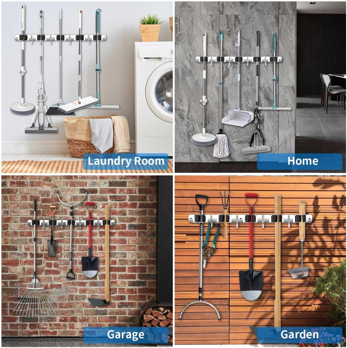 Broom Holder Wall Mount, Stainless Steel Broom Hanger Wall Mount, Heavy Duty Mop and Broom Holder Tool Racks Utility Hooks for Laundry Room Garden Garage, Grey (5 Racks and 4 Hooks)