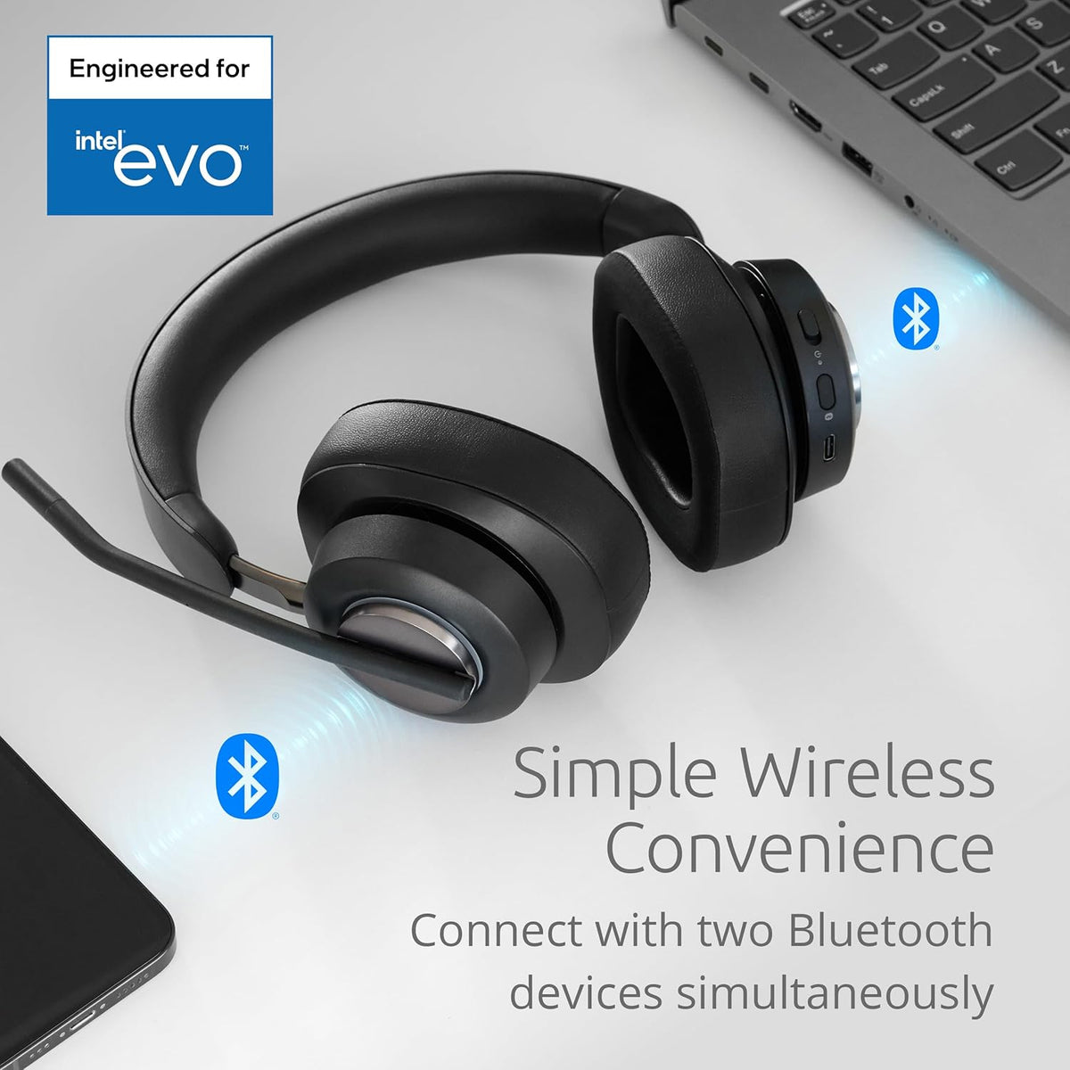 Kensington AH3X Bluetooth Headset, Wireless Over-Ear Headset, Boom Microphone, LED Indicator, Earcup Controls (K83455WW)