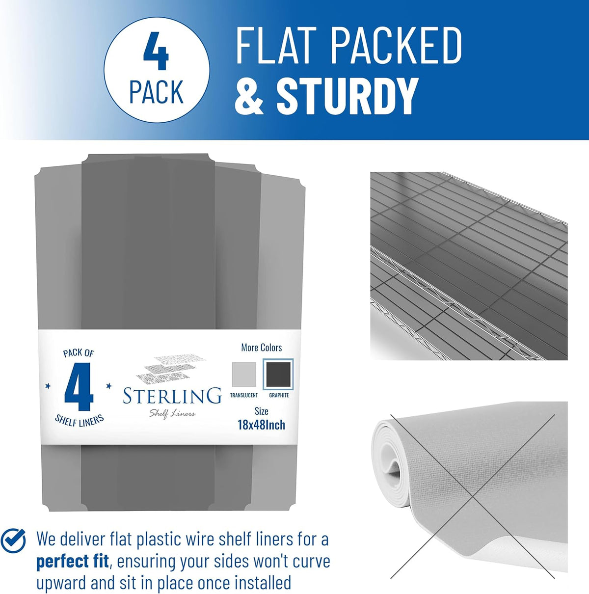 Sterling Shelf Liners Wire Rack Covers: Plastic Shelf Liner Cover for Wire Shelving: Cover Mats for Shelves in Pantry, Closet, and More: 18x48 Inch: Graphite, Set of 4