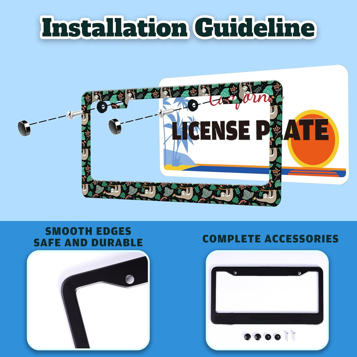 Cute Sloth License Plate Frame Funny Animal Climbing Tree License Plate Holder for Front or Rear Car Tags Stainless Steel Car Decoration with Screws 6.3 X 12.2 in