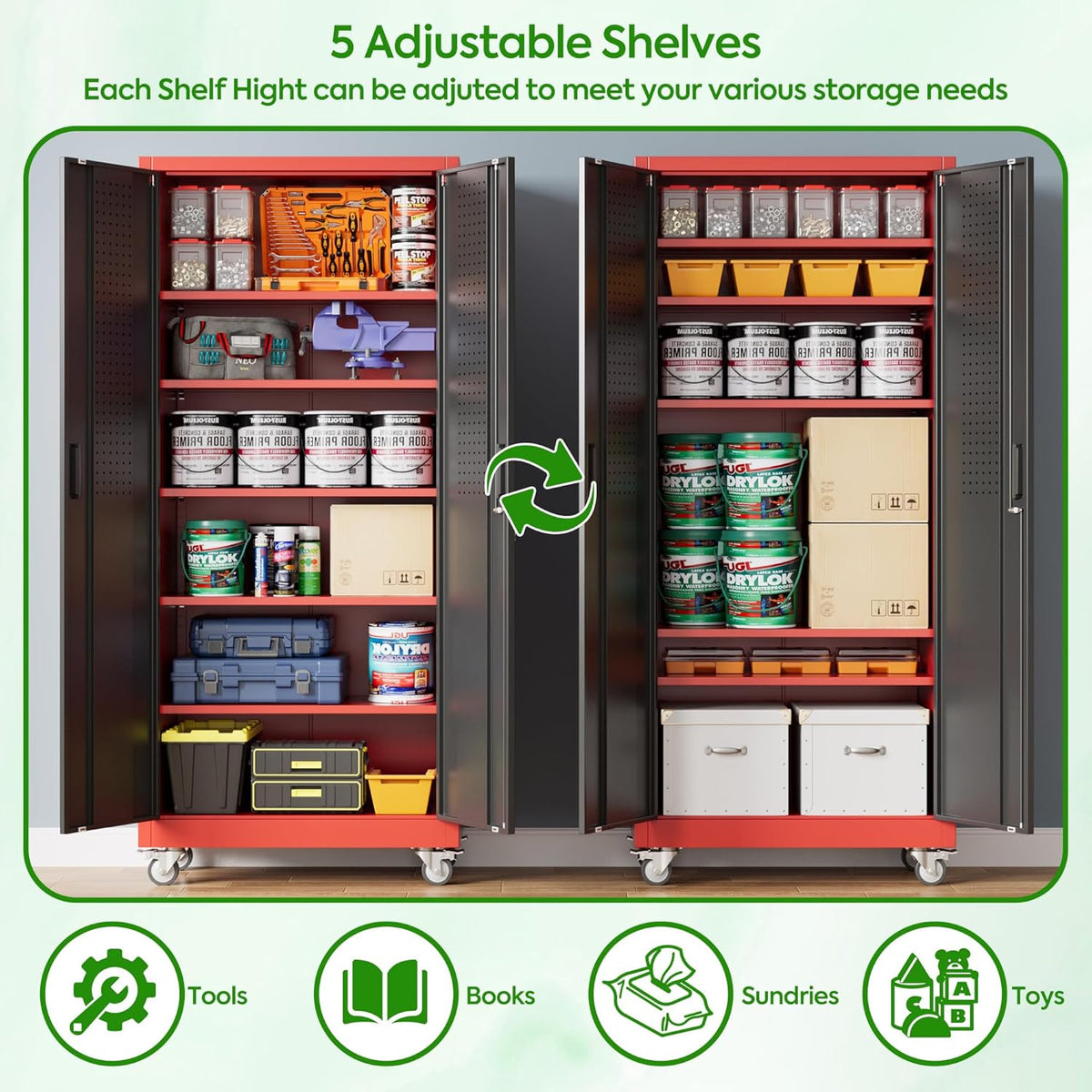 Garage Storage Cabinet with Pegboard and 5 Adjustable Shelves, 71'' x 32'' x 16''Metal Lockable Cabinet with Magnetic Doors,Tool Storage,Home Office Garage,Gym,School (Black-red)