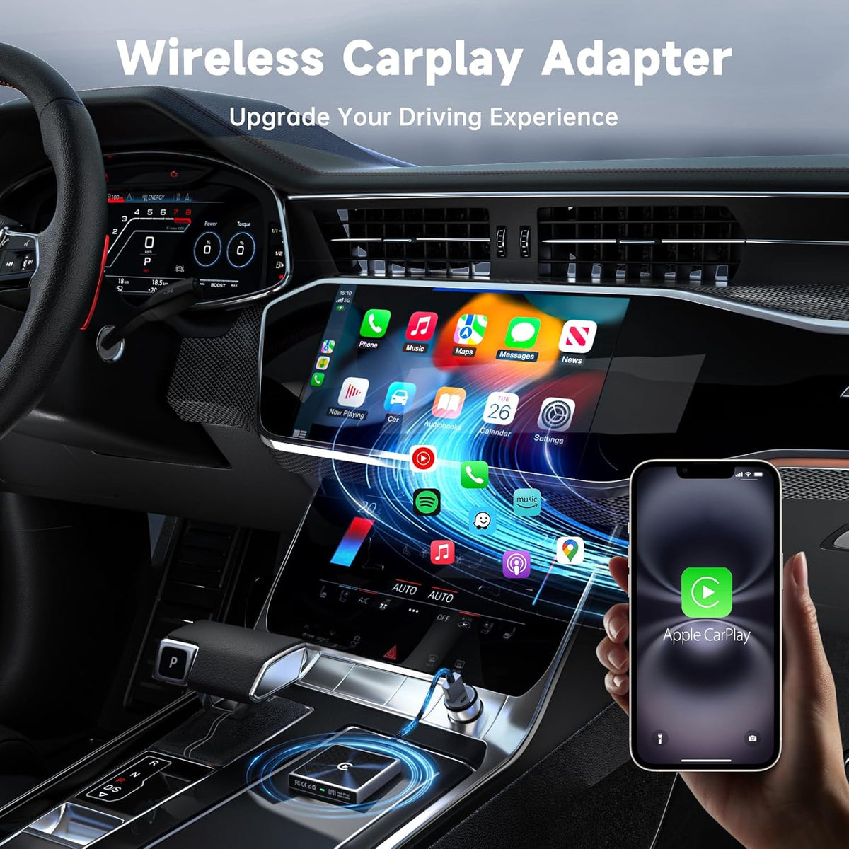 Wireless CarPlay Adapter for iPhone– Super mini 2 in 1 Plug Convert Wired to Wireless Car Play Dongle for Apple iOS 10+ , Instant Connectivity, Fit for Cars with Built-in CarPlay, Black Silver