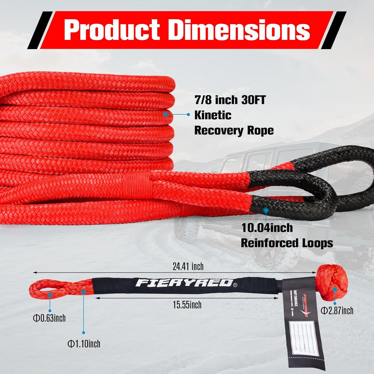 FieryRed Kinetic Recovery Rope Kit with 2 Soft Shackles, 7/8 Inch x 20 FT Tow Rope,Heavy Duty Offroad Snatch Strap for UTV, ATV, Truck, Car, Jeep, Tractor