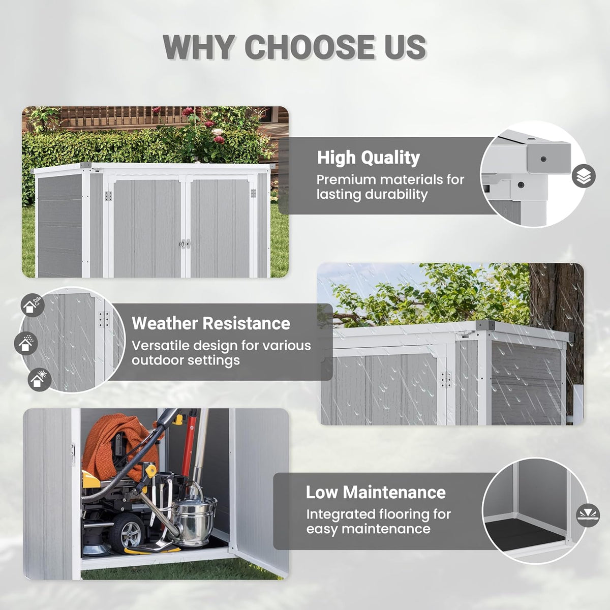Horizontal Storage Shed 41 Cu.Ft, Lockable Outdoor Resin Cabinet for Garbage Cans, Lawn Mower & Garden Tools, Weather-Resistant Design for Patio or Backyard (Cold Gray)