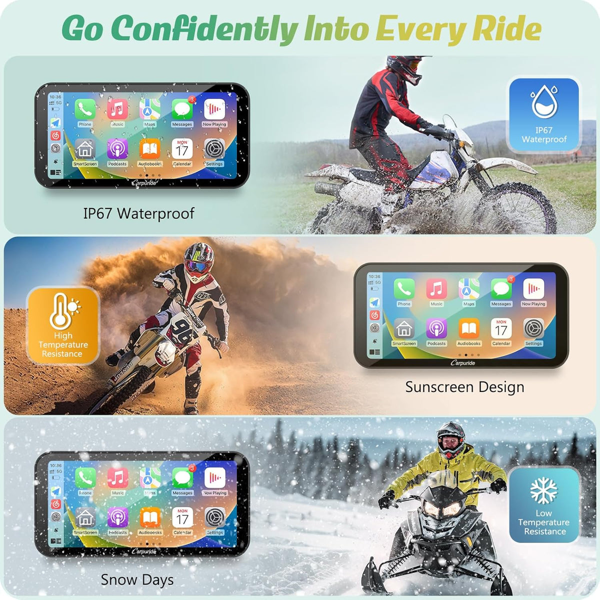 Carpuride W603D Motorcycle GPS Carplay Screen, Wireless CarPlay & Android Auto for Moto, with HD 1080P Dual Cameras, Remote Control，6.3" Waterproof Touchscreen, BT Aduio, Loop Recording, Navigation