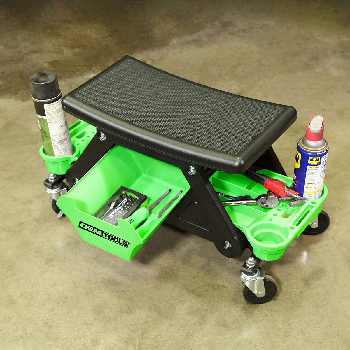 OEMTOOLS 24986 Heavy-Duty Rolling Workbench and Creeper Seat, Mechanics Stool with Wheels, Creepers, Shop Stools with Wheels, Automotive, Green and Black 300 LB Capacity