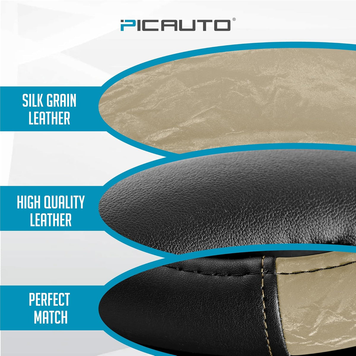 PIC AUTO Steering Wheel Cover, Silk Grain Leather Car Steering Wheel Protector, Comfortable Grip, Universal 14.5-15.5 Inch Anti-Slip Steering Wheels Accessories for Men & Women (Beige)