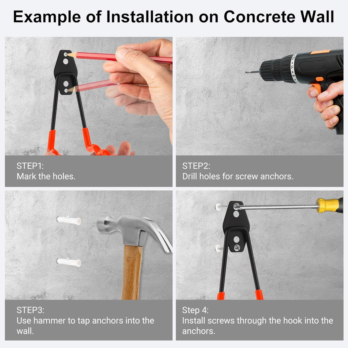 Wall Mounted Garage Hooks Tool Organizer, 14 Inch Garage Storage Hook Heavy Duty Utility Wall Hangers Orange for Ladders, Hose, Garden Tools, Set of 4