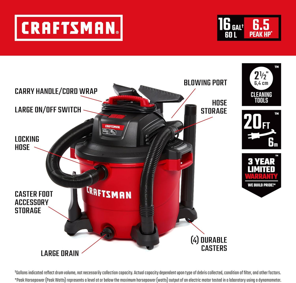 CRAFTSMAN CMXEVBE17595 16 Gallon 6.5 Peak HP Wet/Dry Vac, Heavy-Duty Shop Vacuum with Attachments and Additional General Purpose Filter
