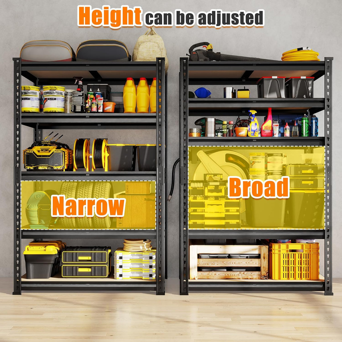 72.12" H Garage Shelving, Storage Shelves Load 2100LBS, 5-Tier Adjustable Shelving Unit with Thickened Wooden Boards for Multiple Scenarios, 72.12" H x 35.55" W x 11.85" D, Black, 2 Pack