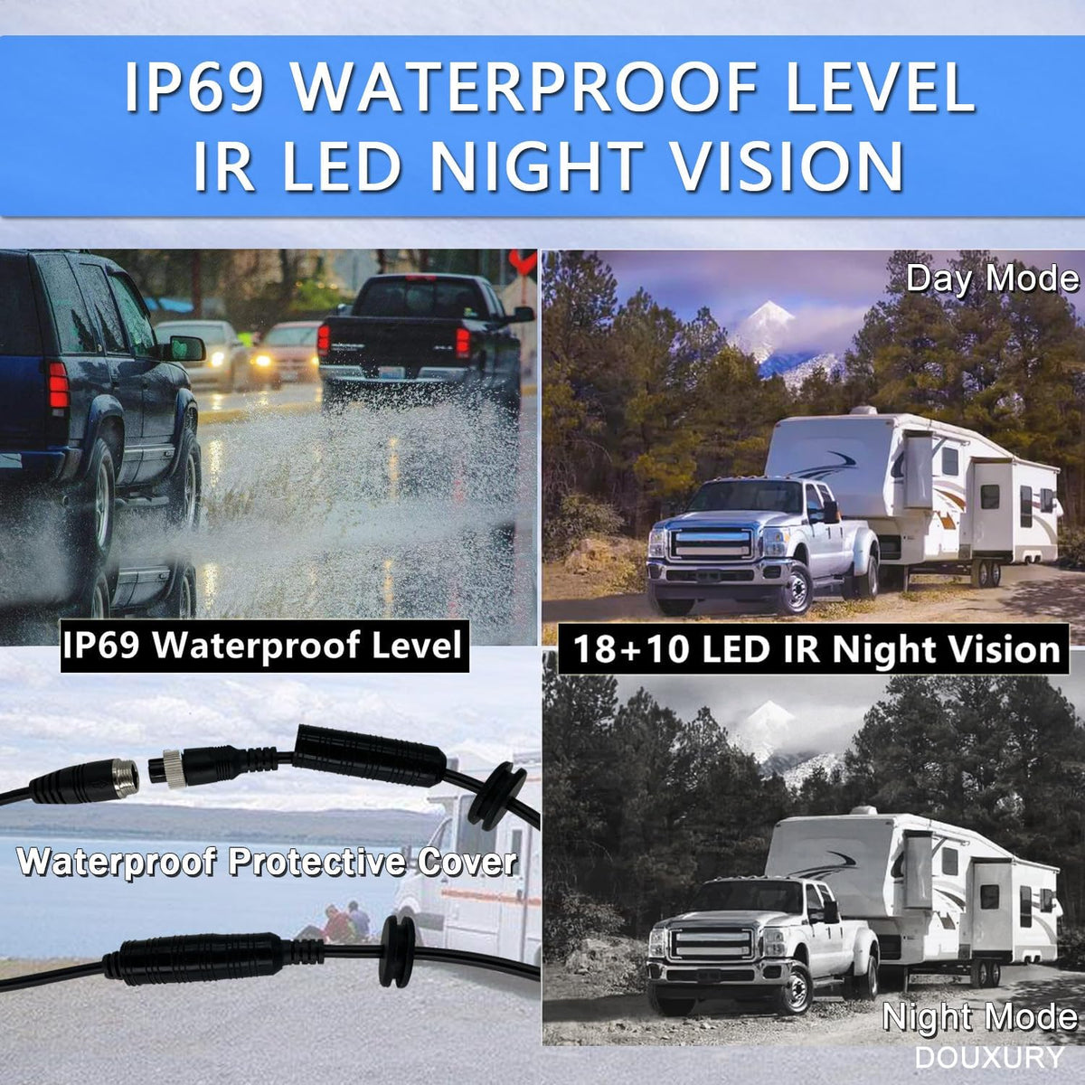 RV Backup Camera System with 7'' Quad Split 1080P Monitor for Truck Trailer Semi Camper Bus & 4 AHD Rear Side View Camera with DVR Record Function IP69 Waterproof Night Vision Avoid Blind Spot DOUXURY
