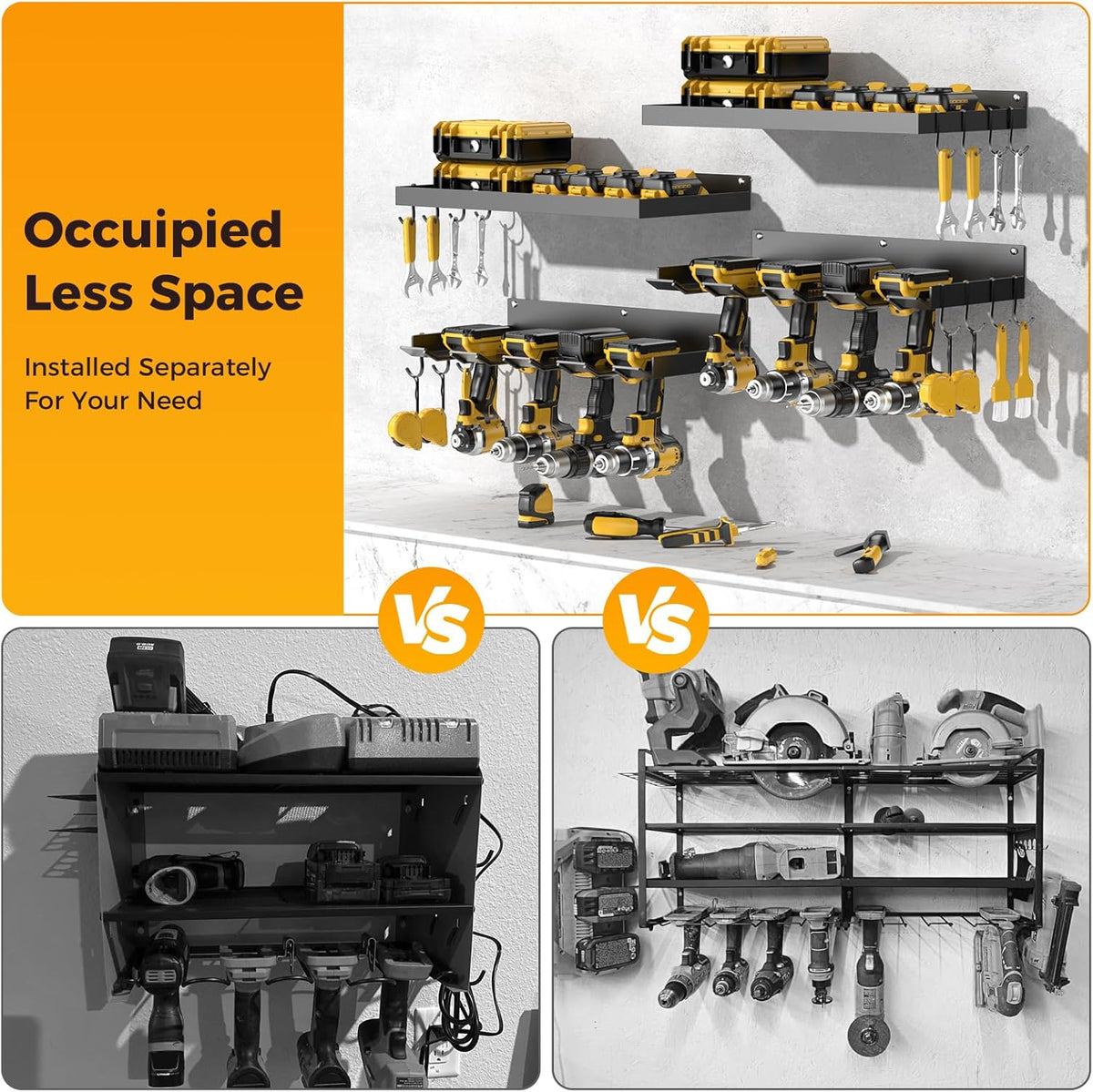 Power Tool Organizer Wall Mount with 8 Drill Holder, Formed Integrally Heavy Duty Garage Tool Organizers and Storage with Hooks for Battery, Tool Box, Screwdriver, Plier and Hammers No Crack
